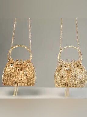 Gold Rhinestone Mini Drawstring Bag with Chain